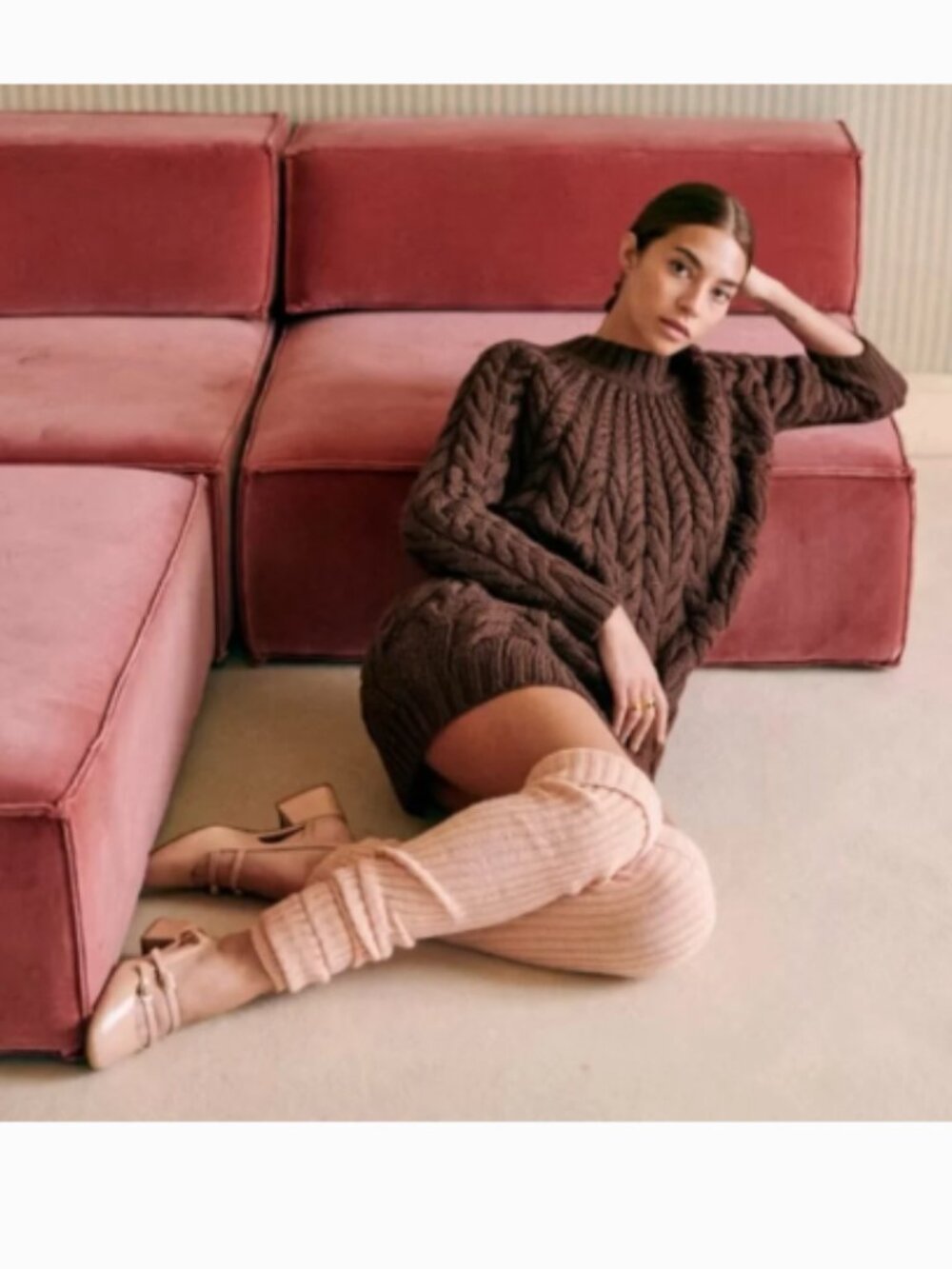 Sezane Drew Cable Knit Sweater Mini Dress in Brown Sz S